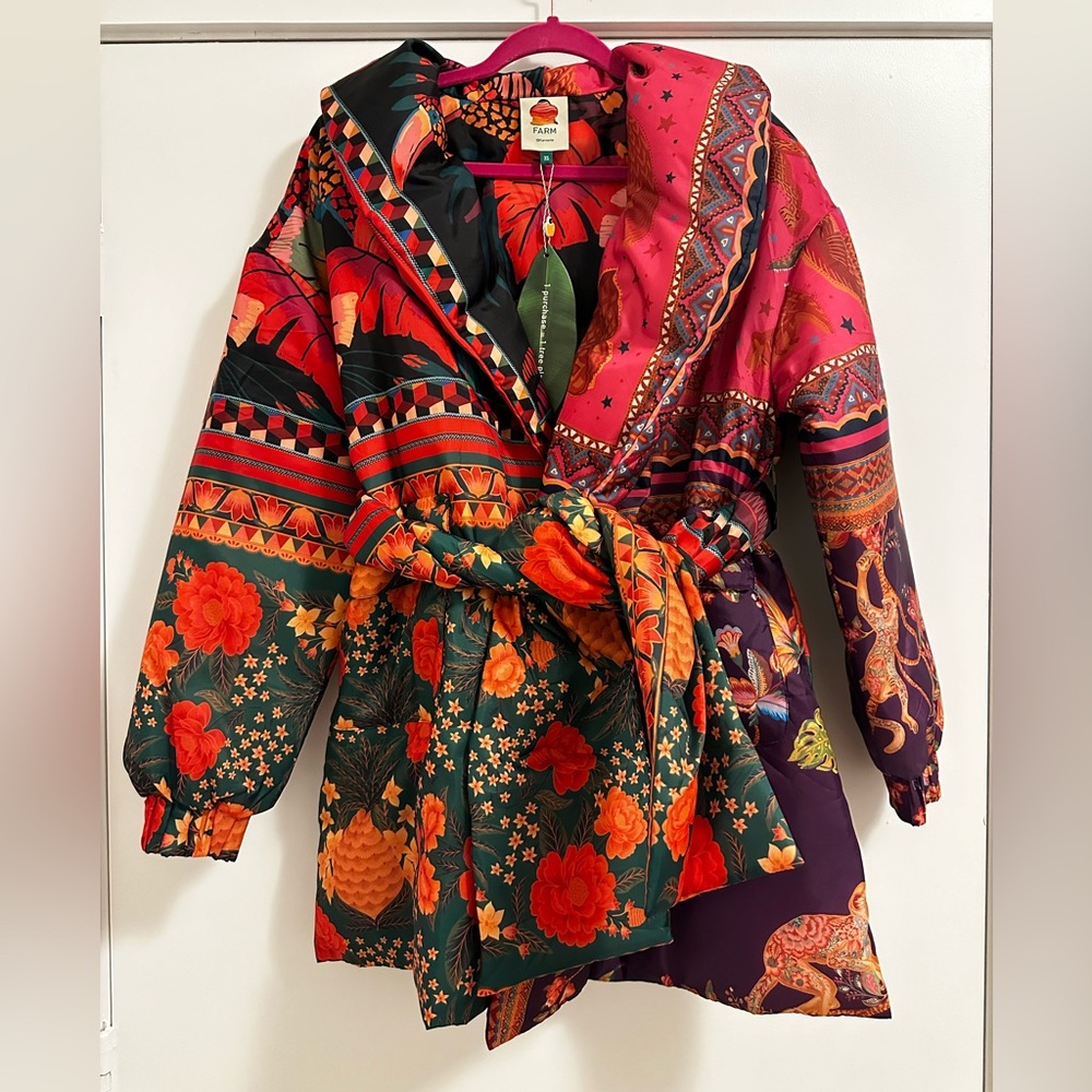 Farm Rio Mixed Scarves Kimono Puffer Jacket in Multi - Picture 8 of 10